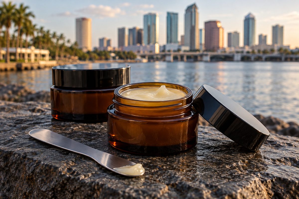 Amber apothecary cream jars and polished stainless steel formulation spatula