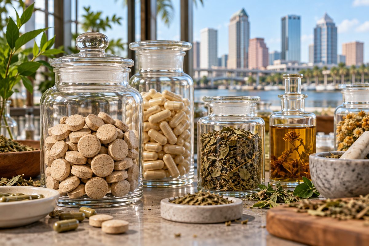 Pressed botanical tablets and phytosterol caplets in apothecary glass containers