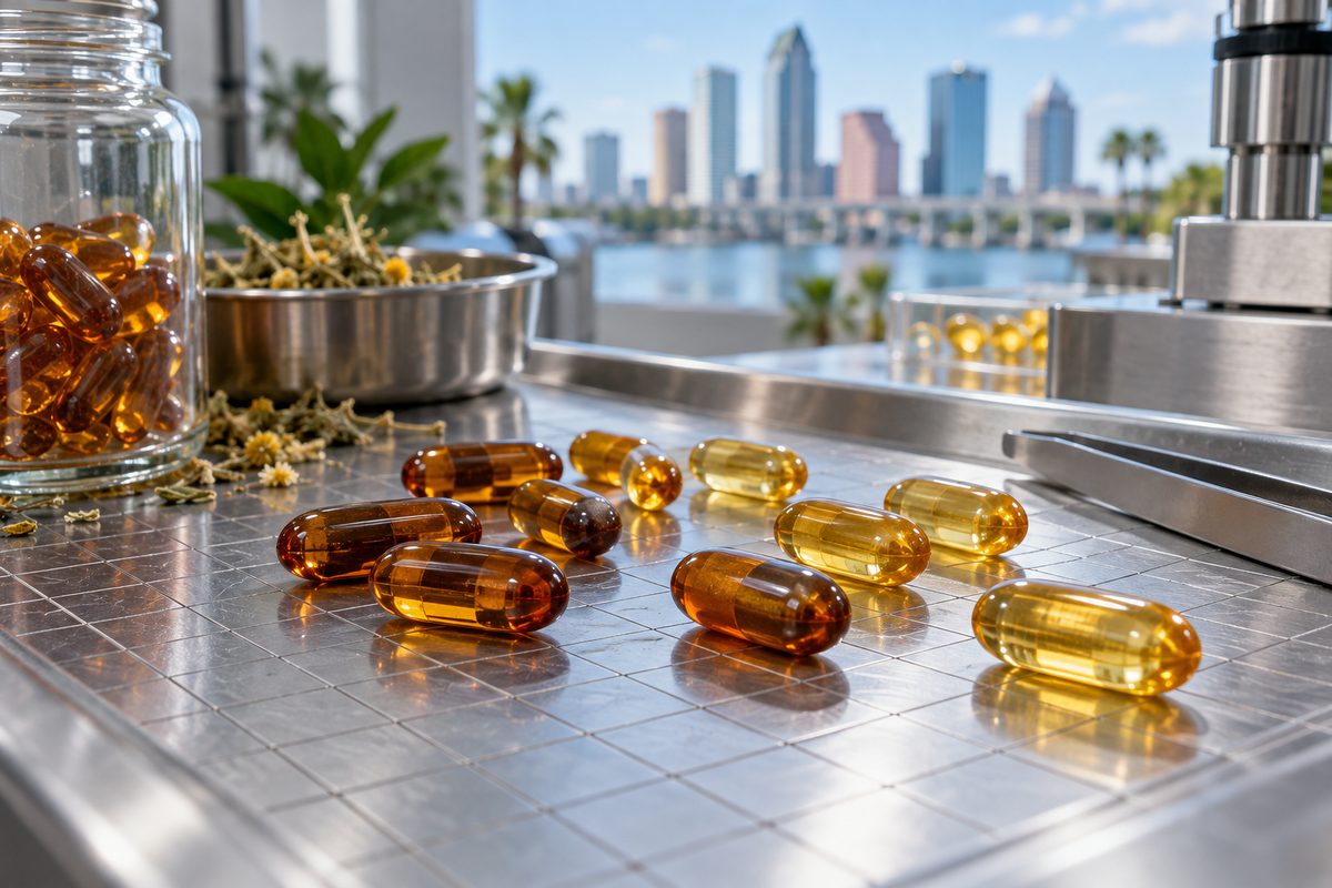 Botanical wellness capsules and lipid softgels measured on a calibrated stainless steel grid