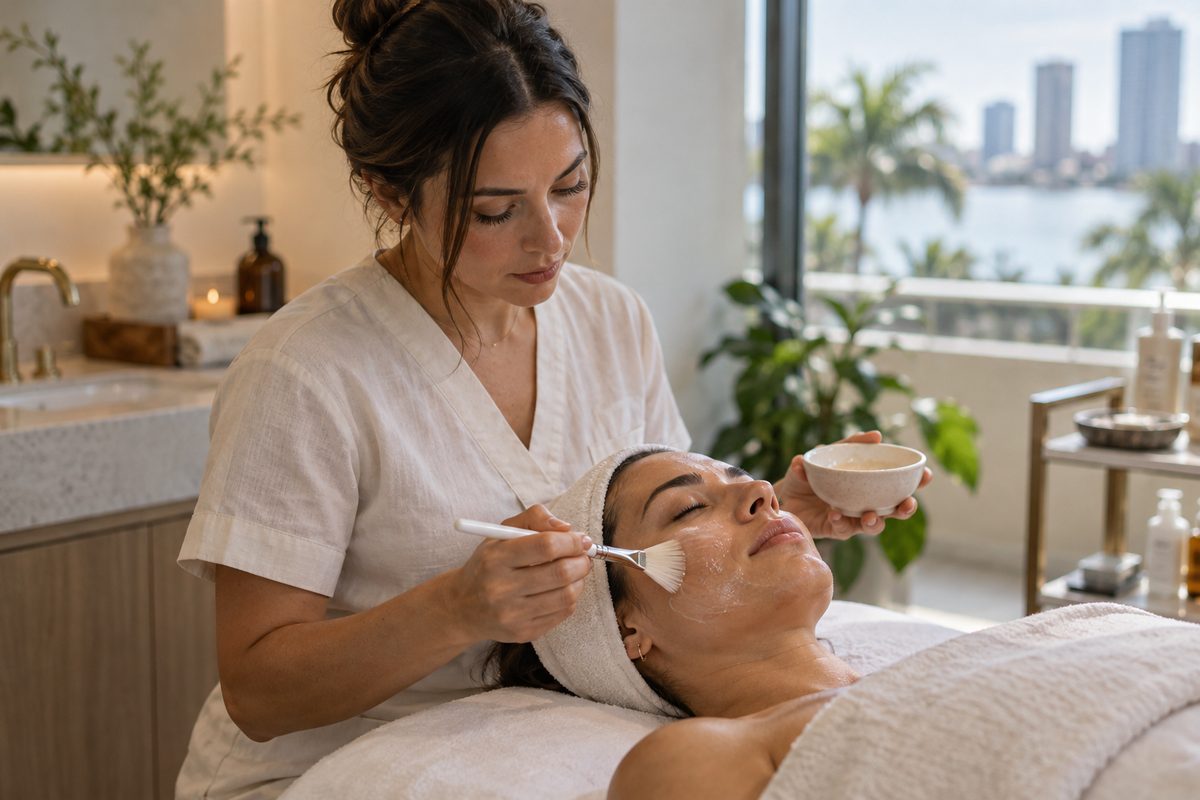 Master esthetician applying a botanical treatment mask during a clinical facial session at Zorelle