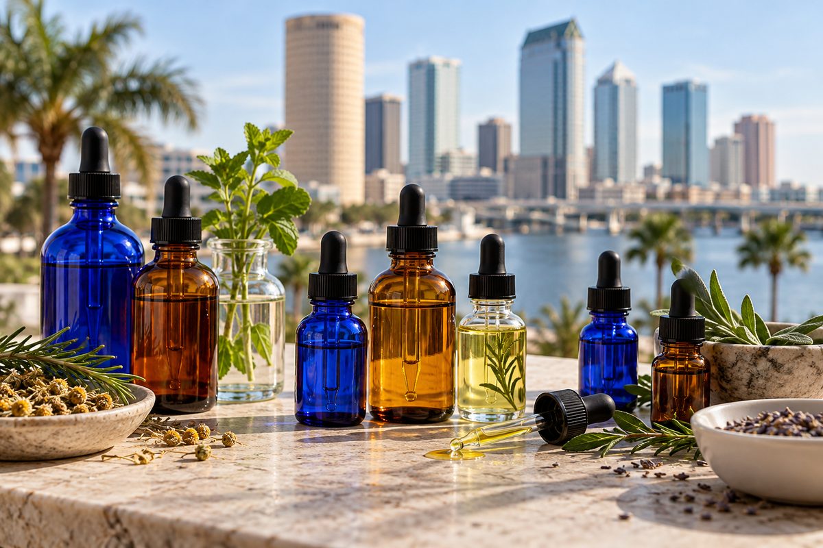 Cobalt and amber glass dropper vials containing botanical extracts on stone surface