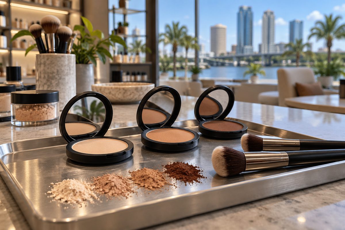 Precision mineral makeup palettes and professional blending brushes on an aluminum tray
