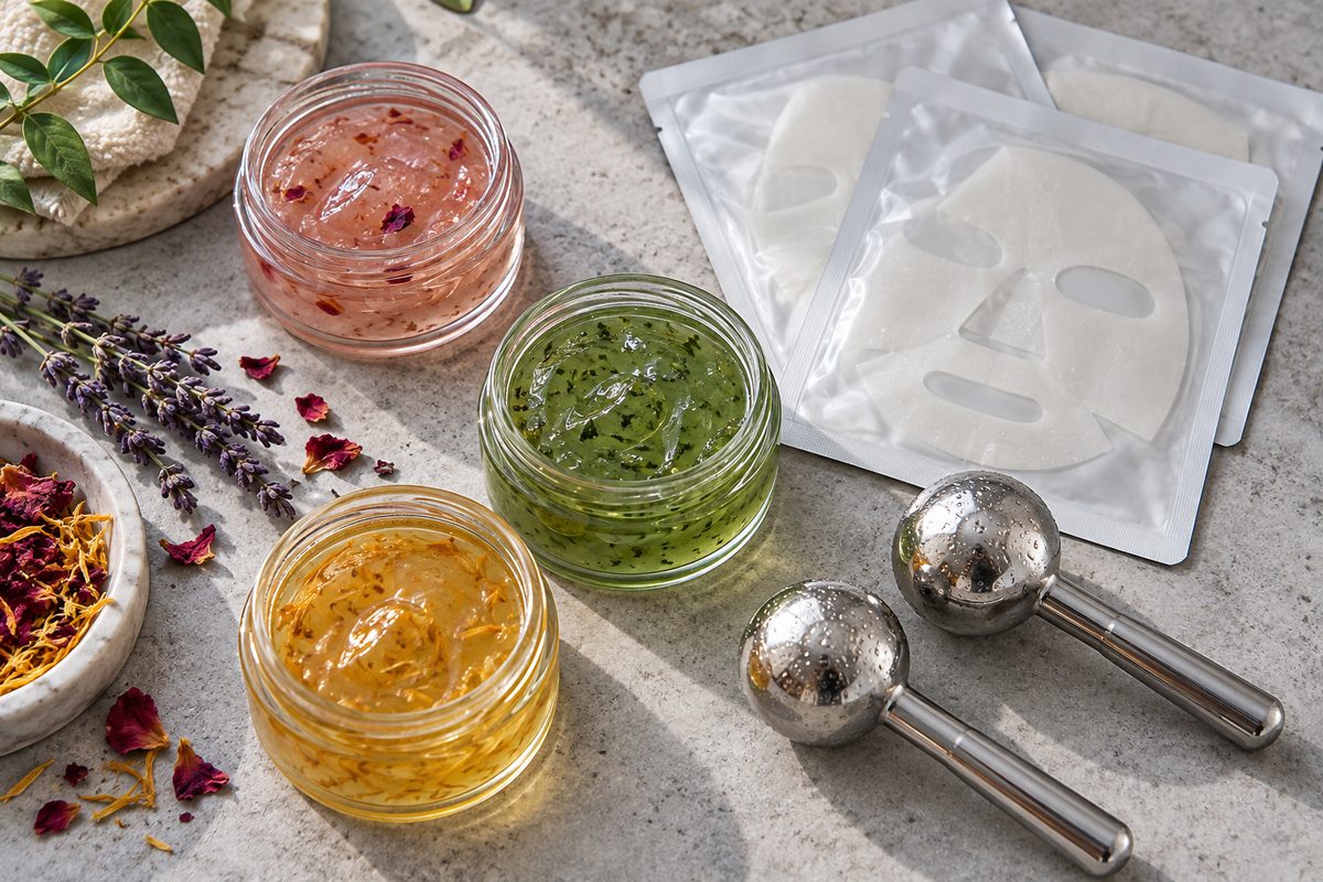 Array of restorative treatment masks and cooling cryo globes on a cool grey studio bench