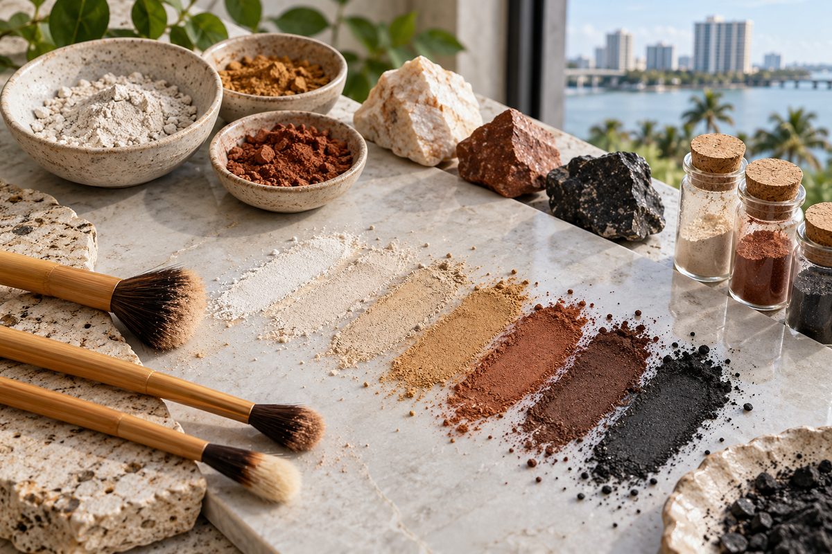 Graded mineral foundation powder swatches and cosmetic blending tools