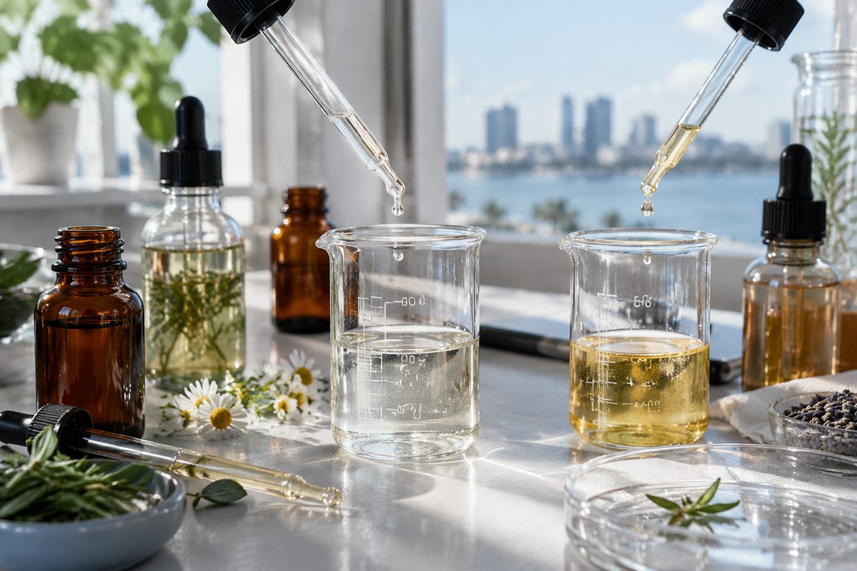 Glass dropper dispensing botanical active serum into laboratory glassware at Zorelle studio
