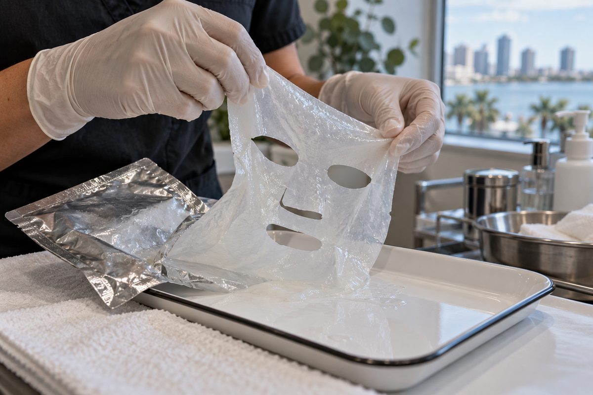 Bio-cellulose treatment sheet mask being prepared on a sterile clinical tray