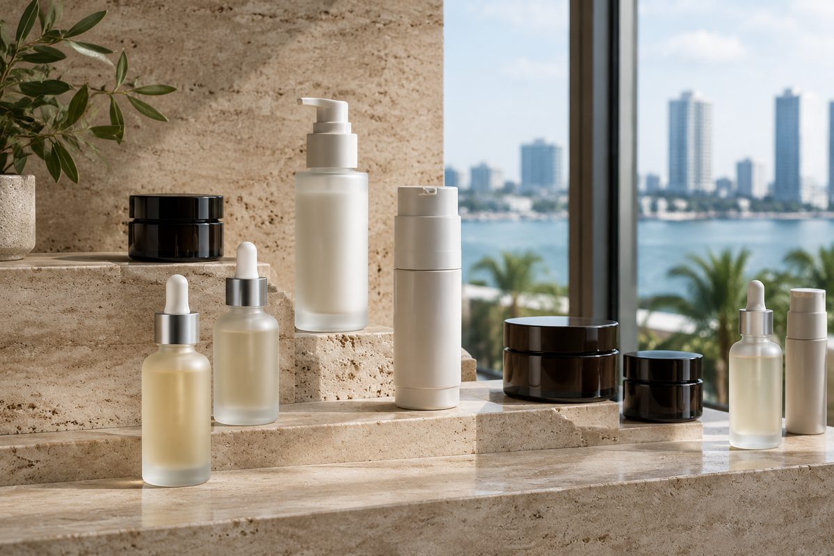 Architectural vitrine display of active serum droppers and barrier cream dispensers