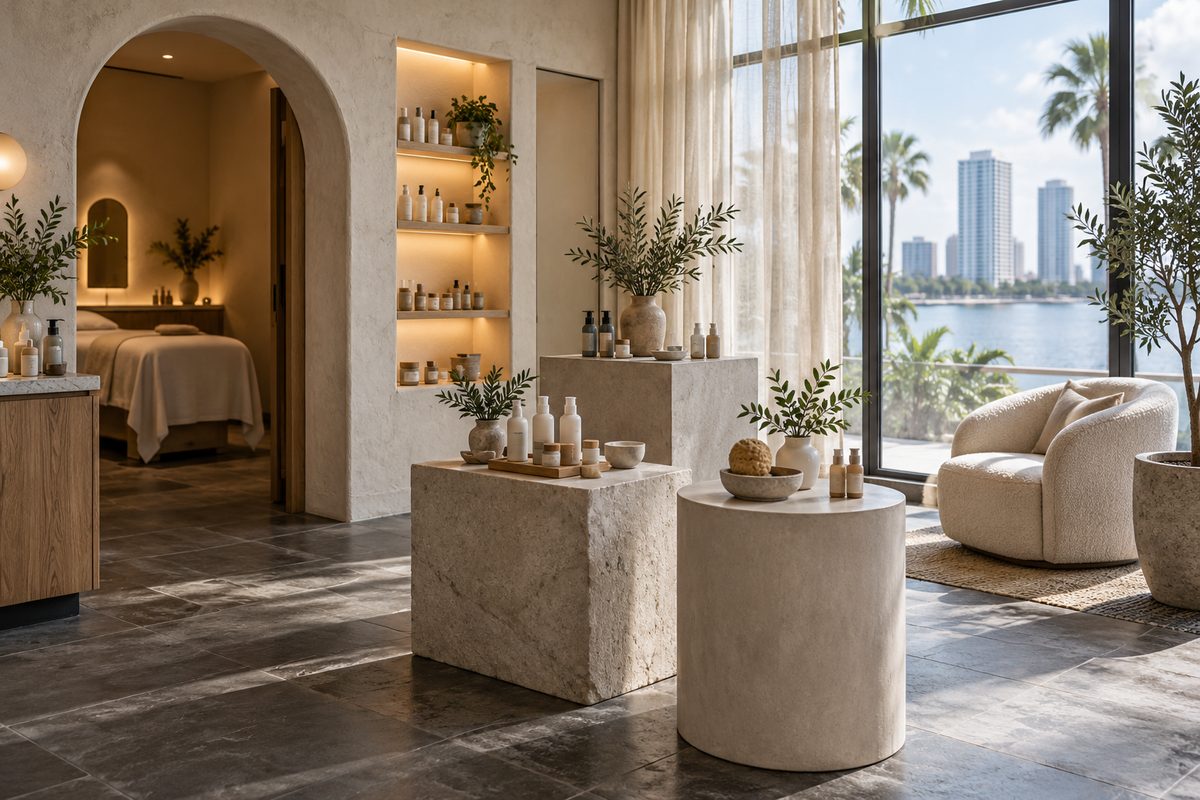 Minimalist interior of Zorelle skincare and aesthetic studio on Aegean Avenue in Tampa
