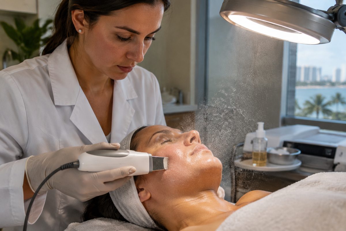 Ultrasonic cavitation blade gliding during deep facial treatment at Zorelle studio